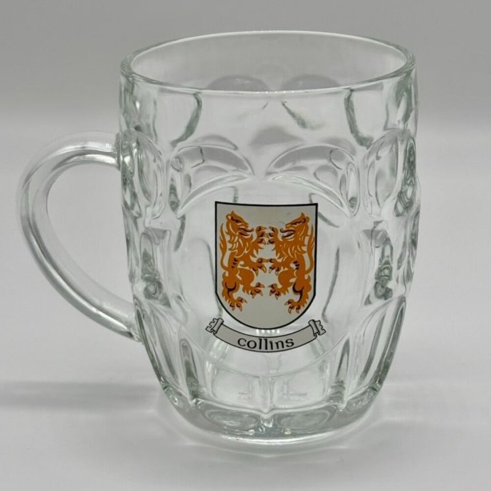 Vintage Ravenhead England Dimple Thumbprint Glass Beer Mug, Coat of Arms Collins